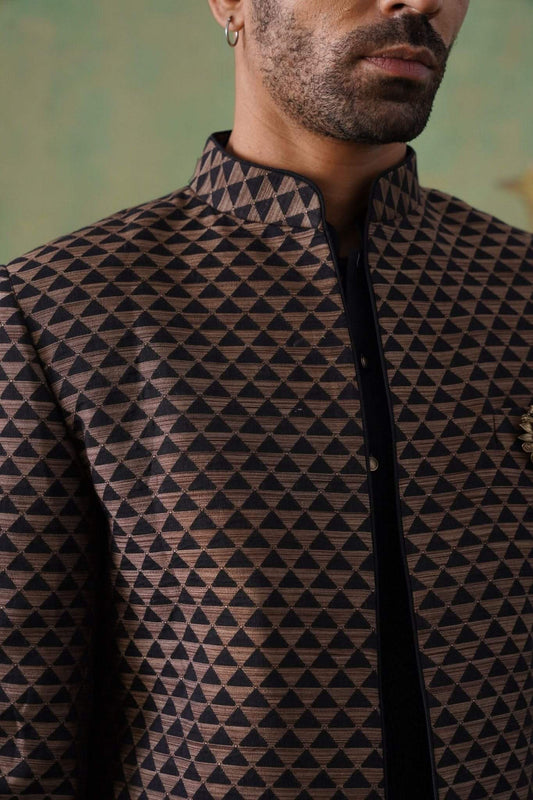 Brown & Black Geometric Jacquard Long Jacket Set