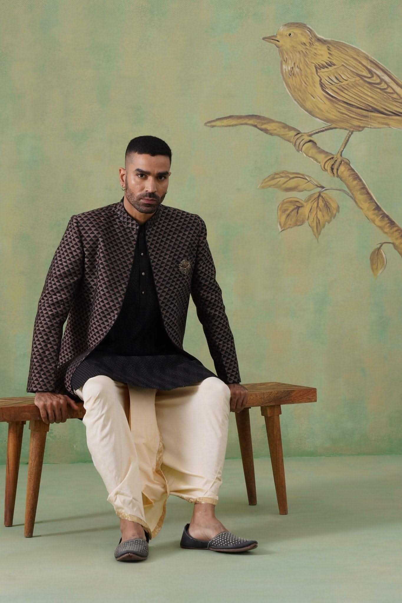 Brown & Black Geometric Jacquard Long Jacket Set