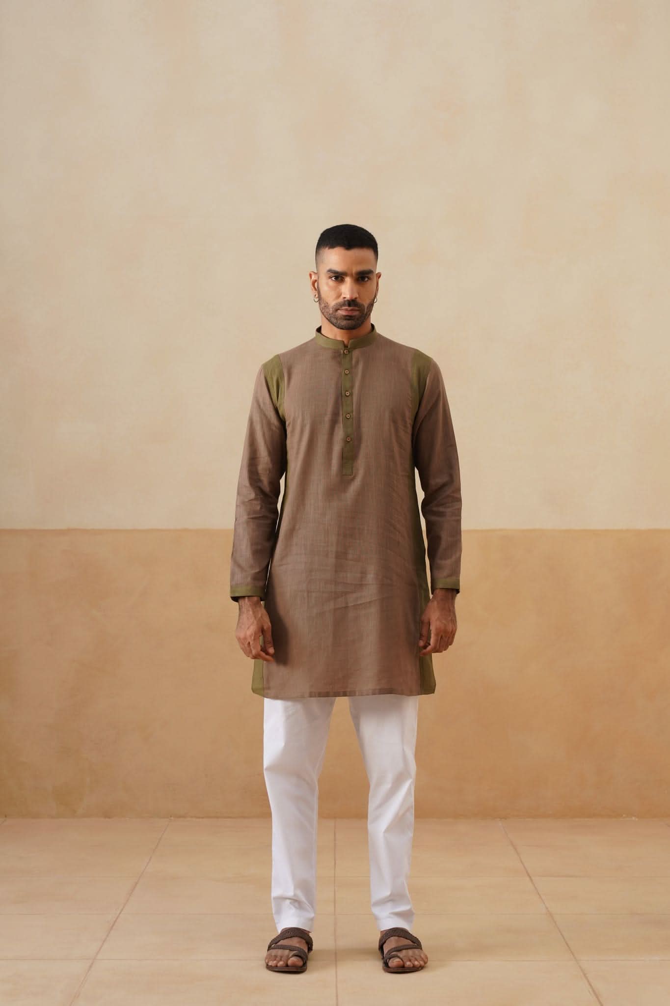 Brown Olive Contrast Short Kurta