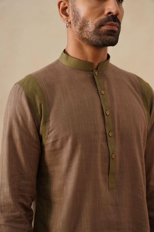 Brown Olive Contrast Short Kurta