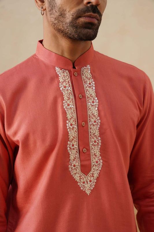 Coral Hand Embroidered Ethnic Shirt