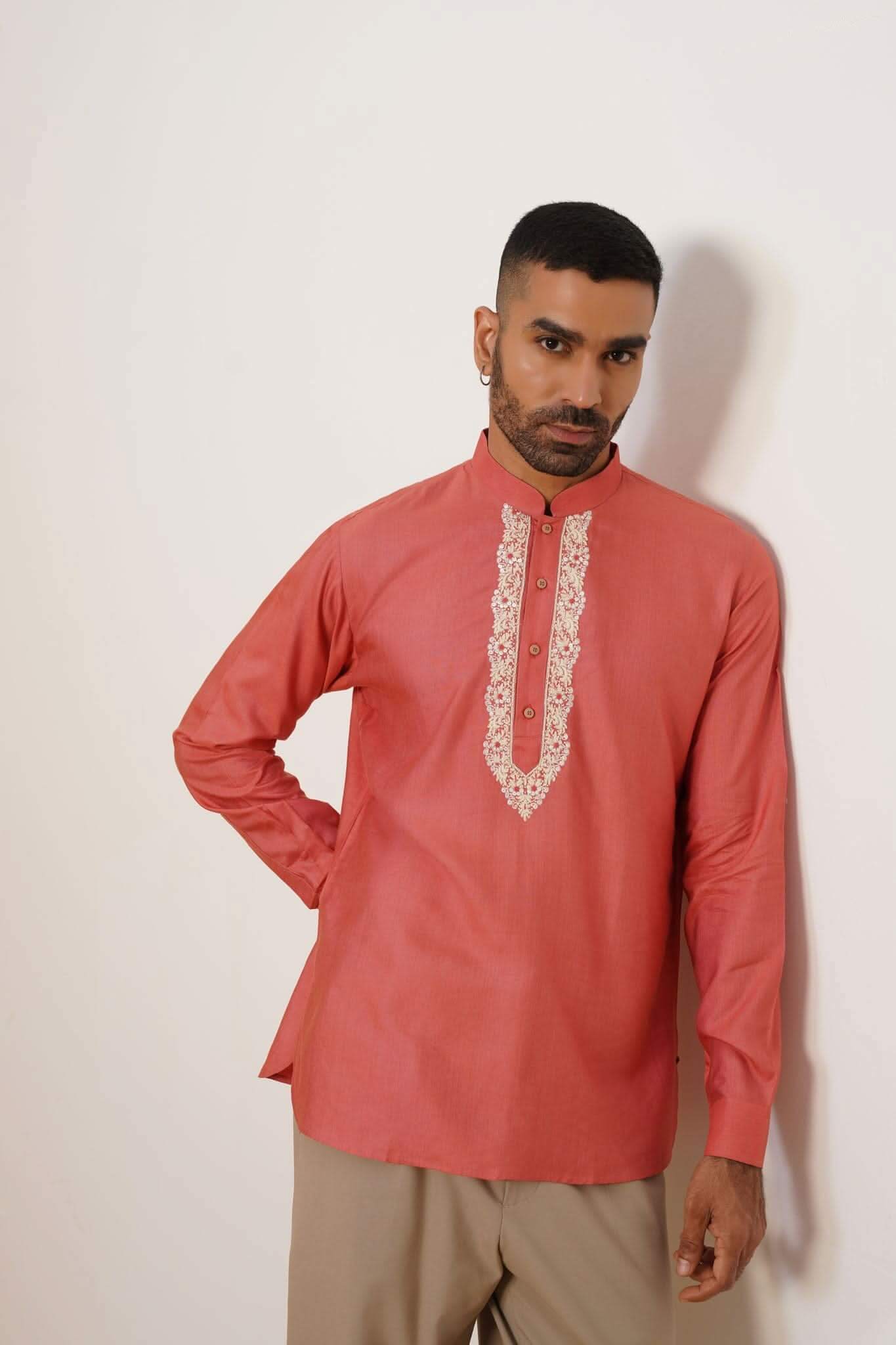 Coral Hand Embroidered Ethnic Shirt