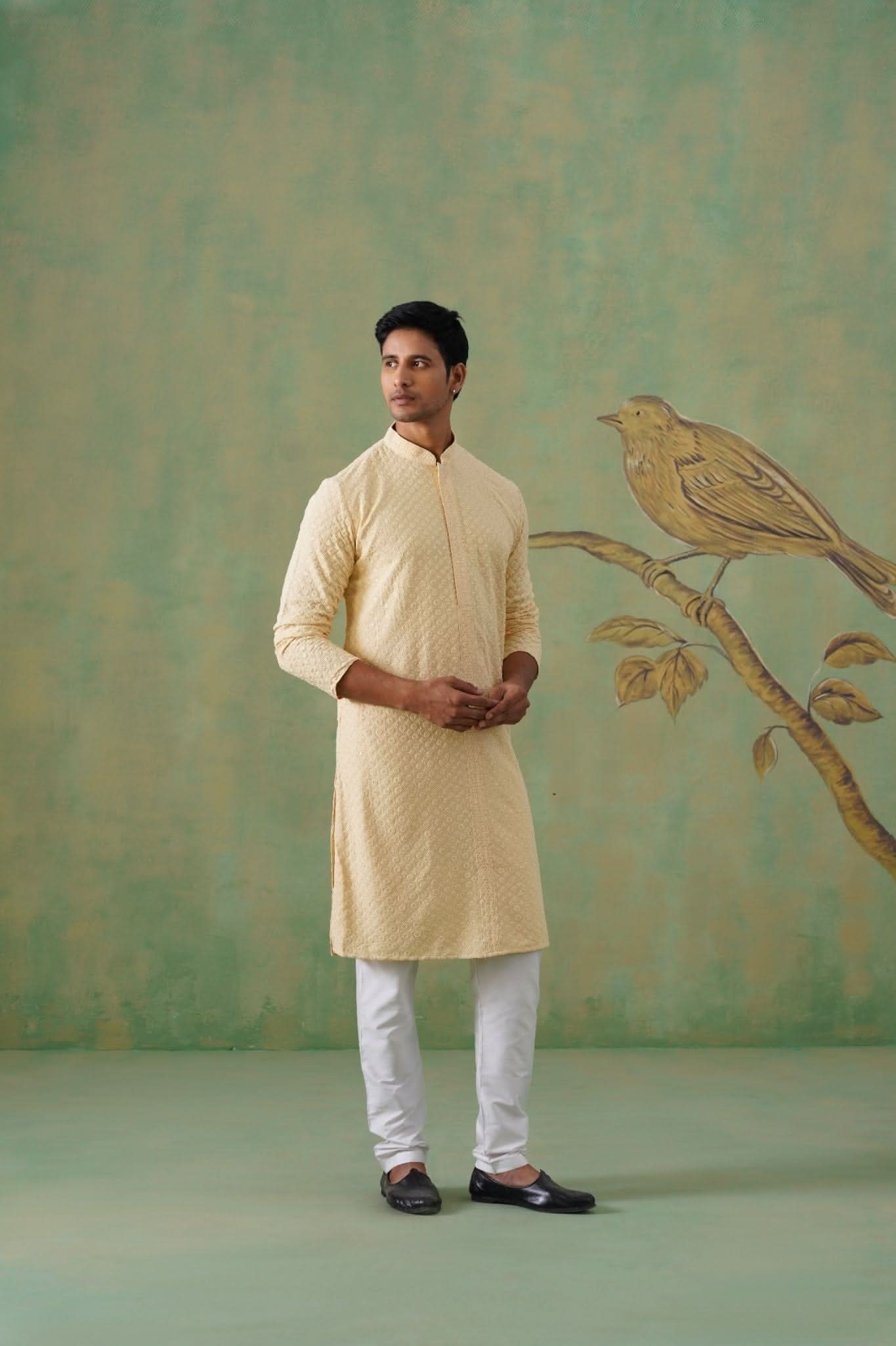 Cream Textured Sequin-Embellished Cotton Kurta Set