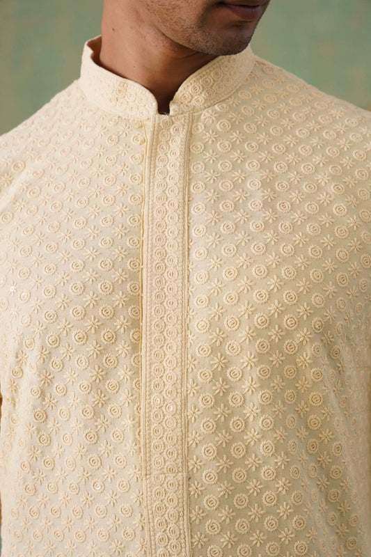 Cream Textured Sequin-Embellished Cotton Kurta Set