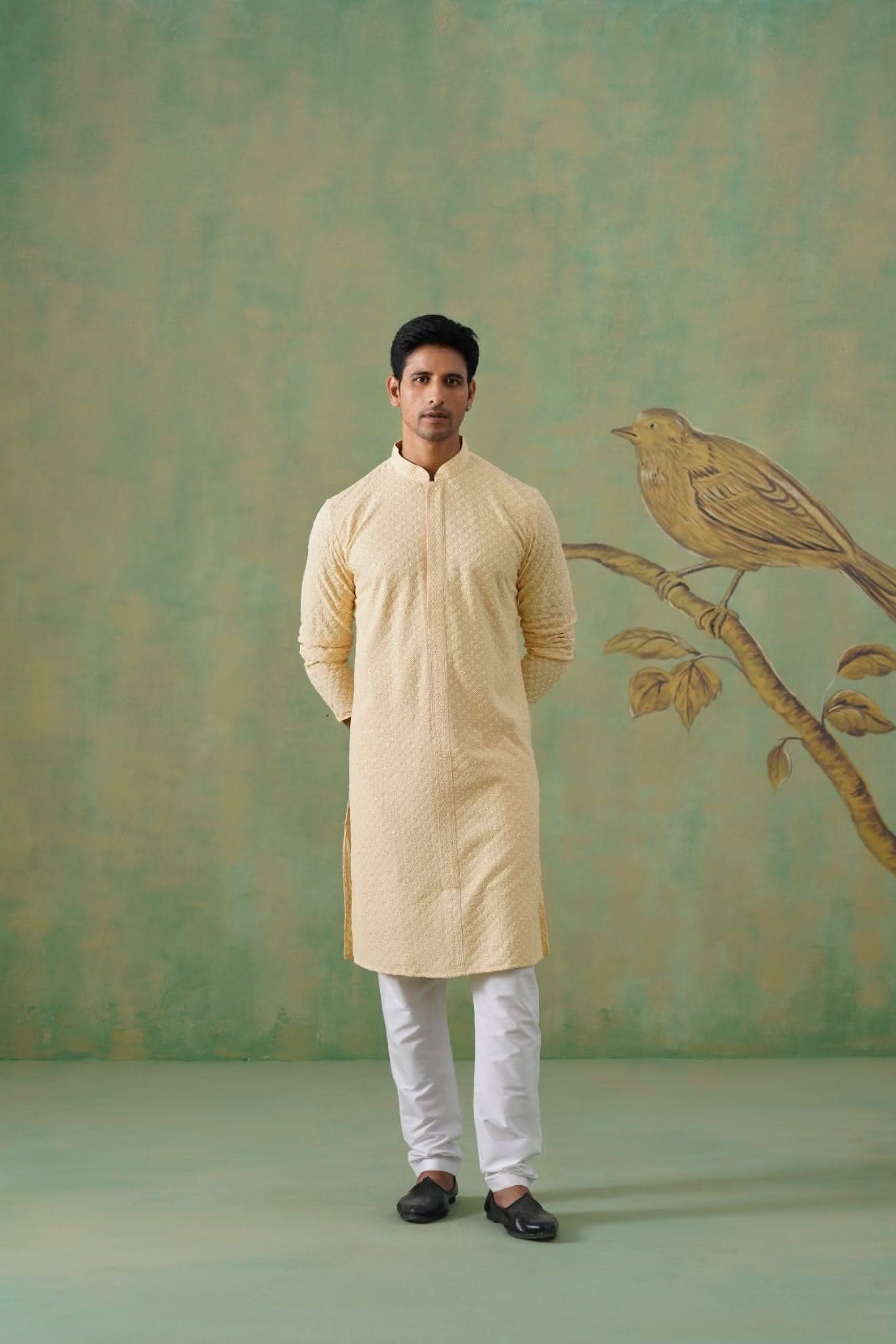 Cream Textured Sequin-Embellished Cotton Kurta Set