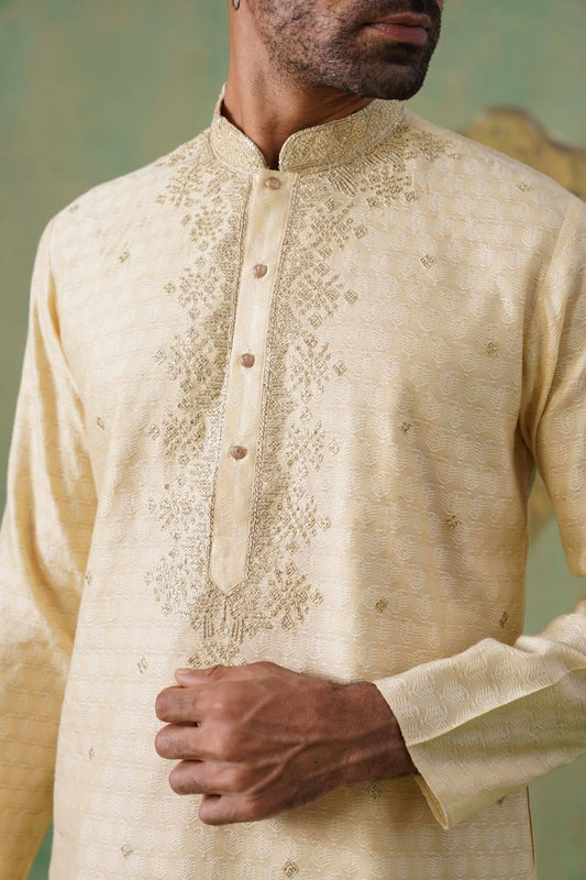 Golden Blended Silk Kurta Set with Hand Embroidery