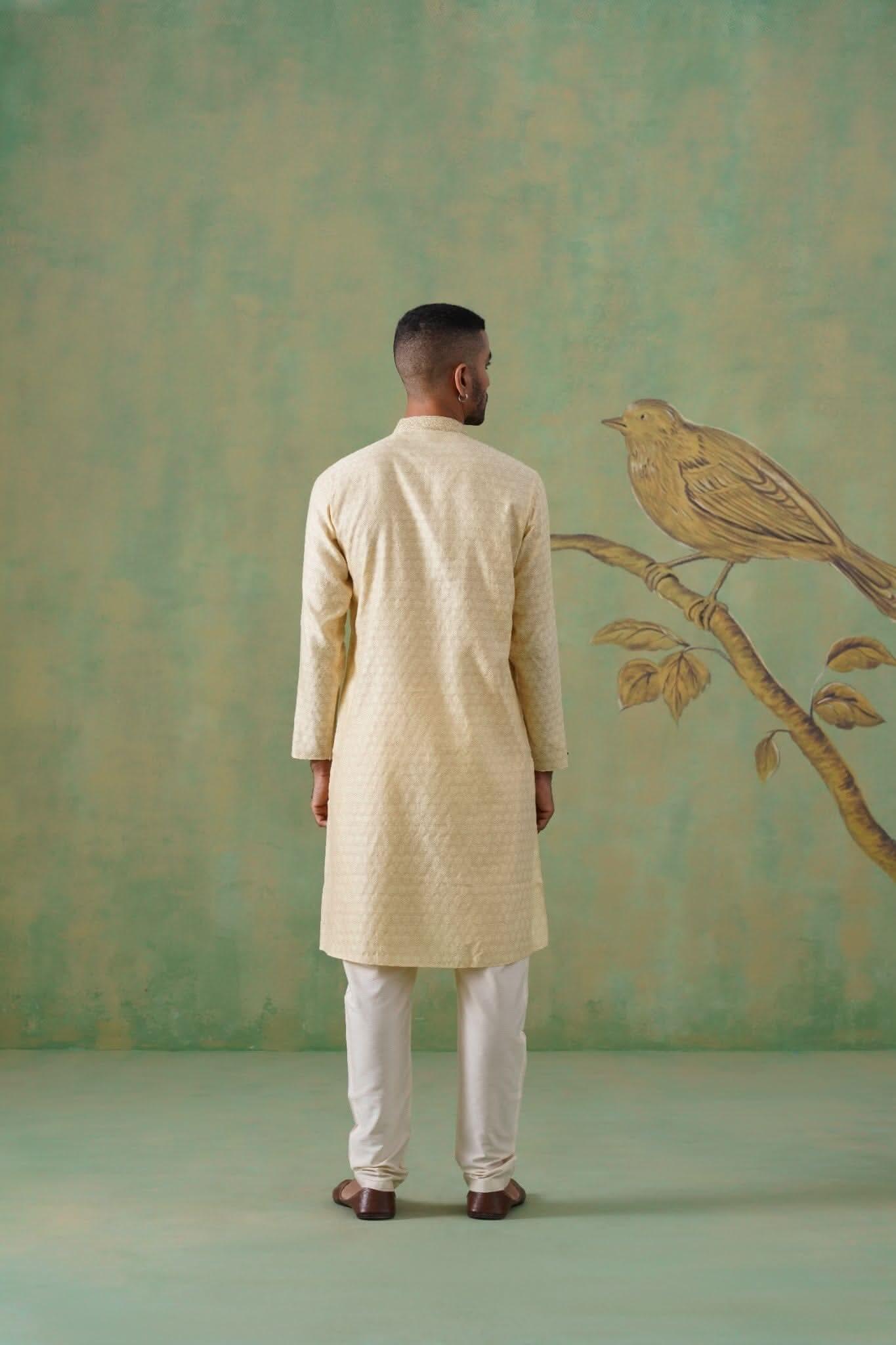 Golden Blended Silk Kurta Set with Hand Embroidery