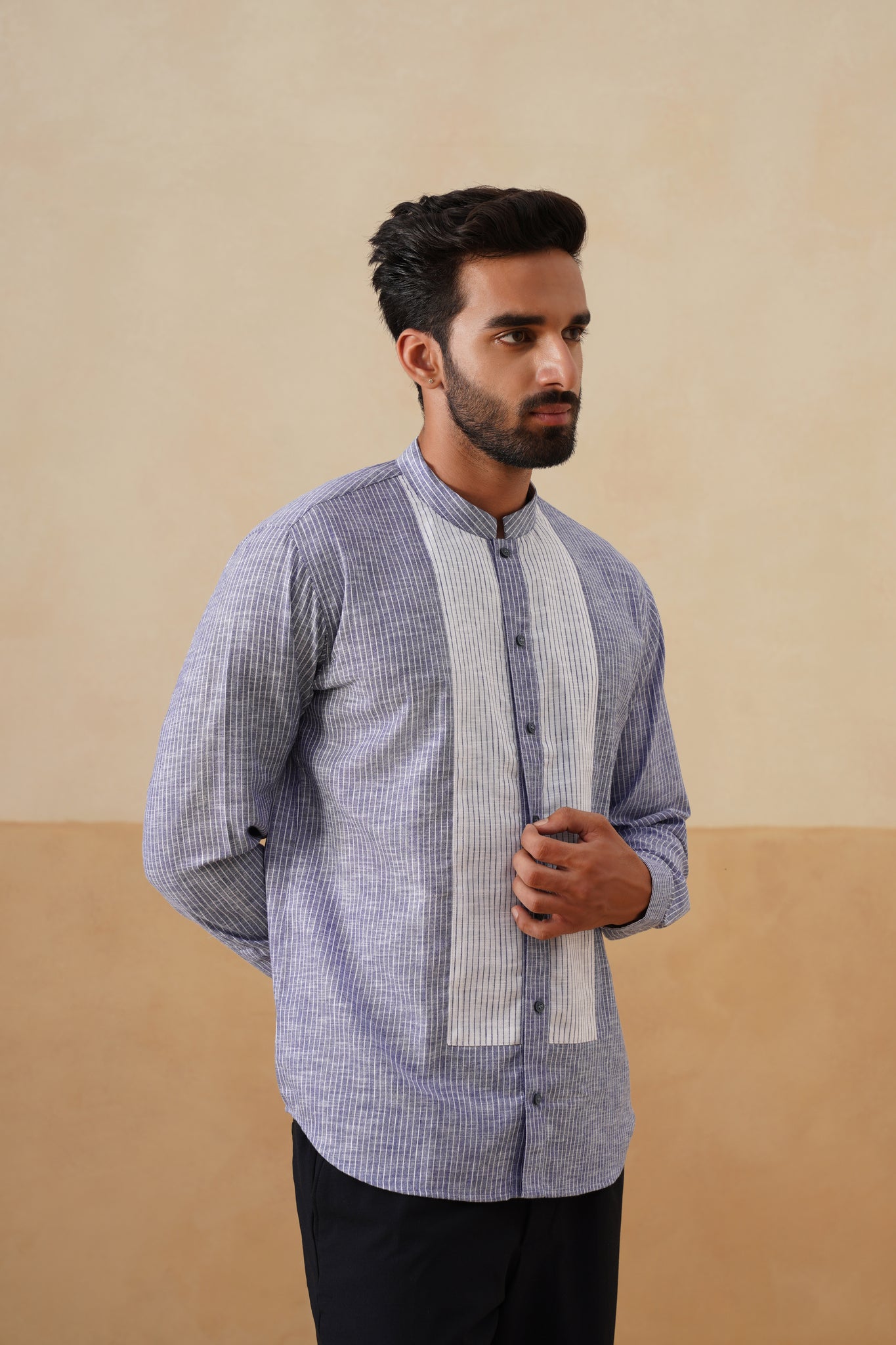 Indigo White Striped Panel Ethnic Shirt