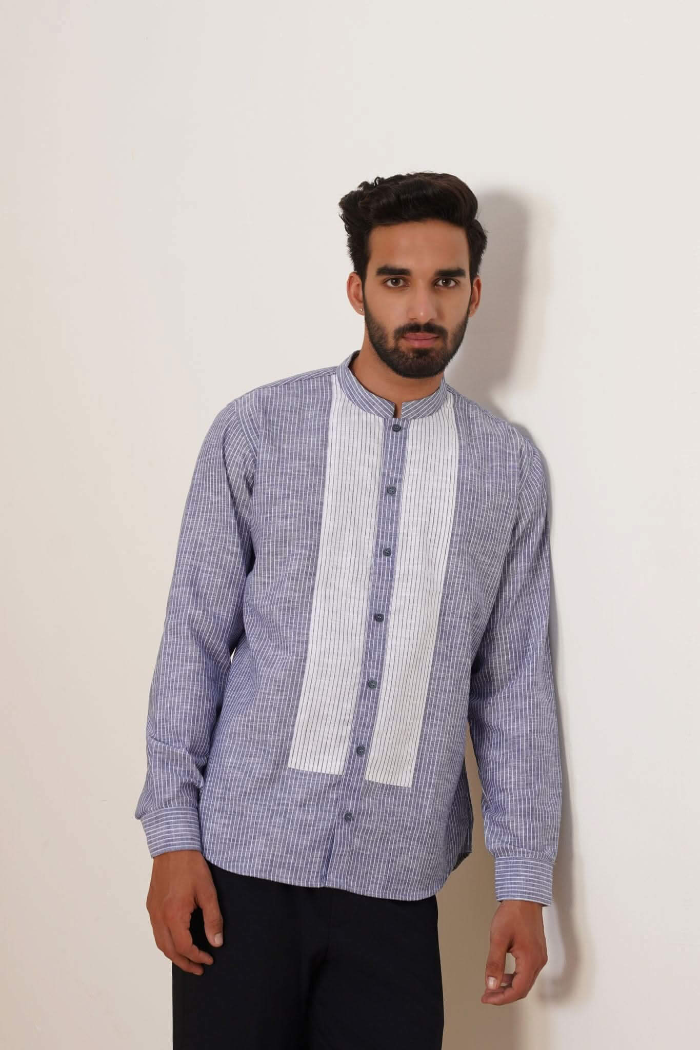 Indigo White Striped Panel Ethnic Shirt