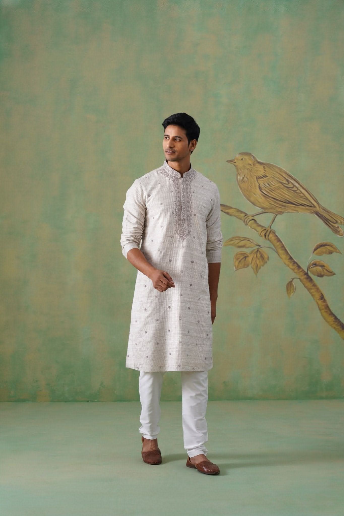 Ivory Kurta Set with Subtle Floral Thread Embroidery