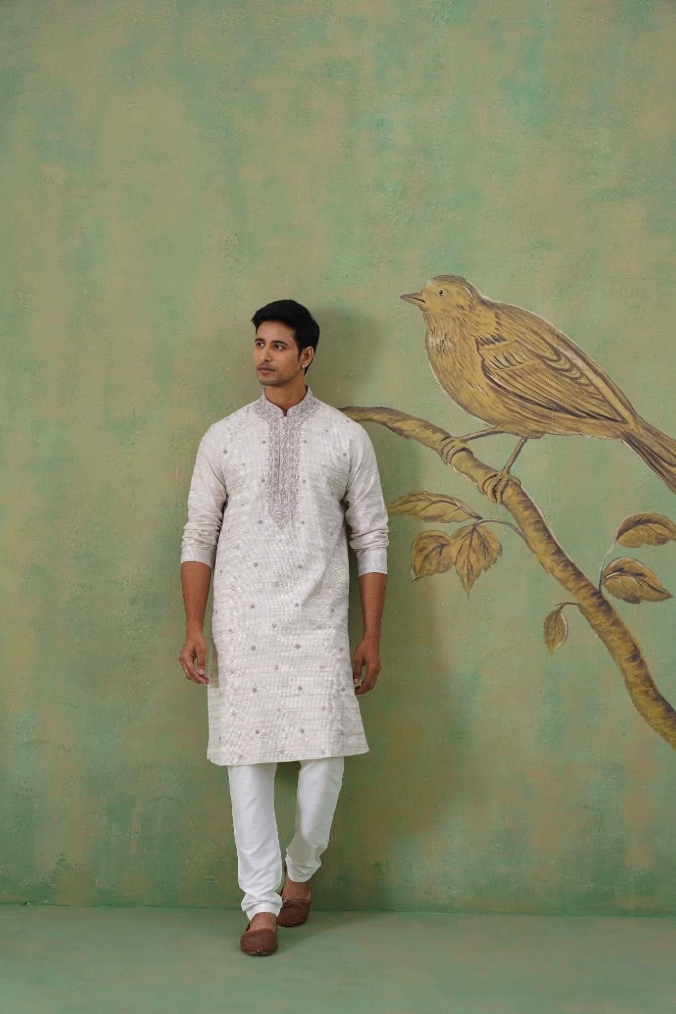 Ivory Kurta Set with Subtle Floral Thread Embroidery