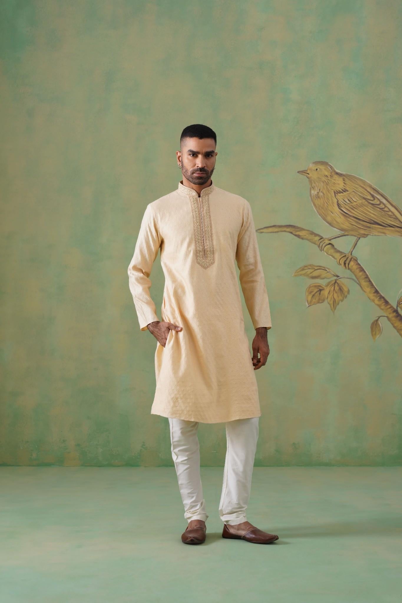 Men’s Cream Jacquard Hand-Embroidered Kurta Set