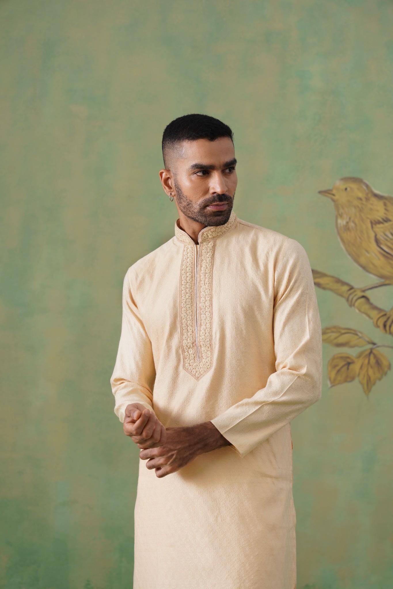 Men’s Cream Jacquard Hand-Embroidered Kurta Set