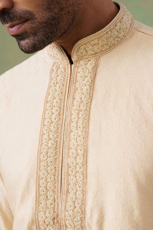 Men’s Cream Jacquard Hand-Embroidered Kurta Set