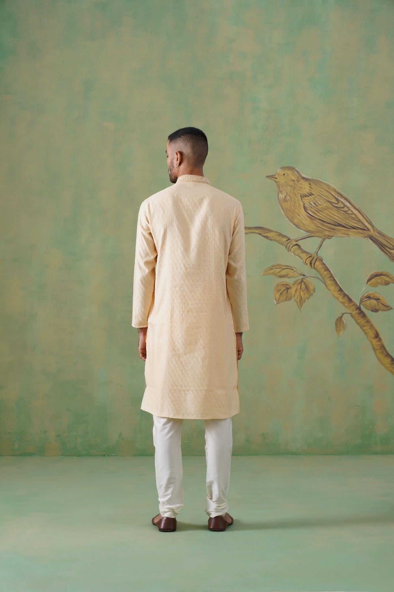 Men’s Cream Jacquard Hand-Embroidered Kurta Set