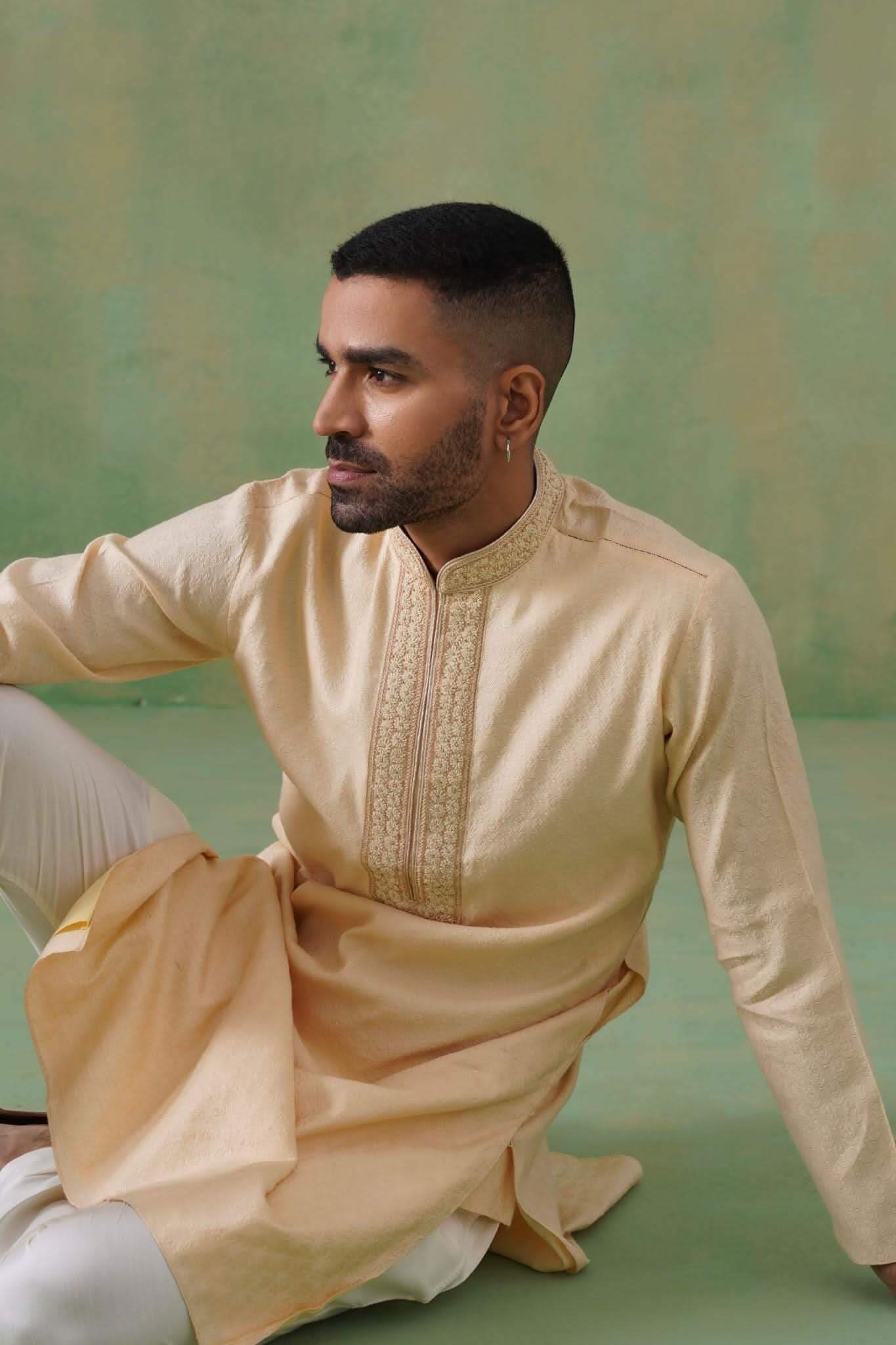 Men’s Cream Jacquard Hand-Embroidered Kurta Set