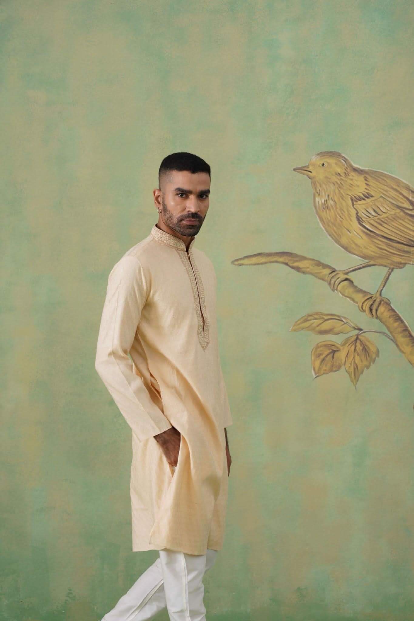 Men’s Cream Jacquard Hand-Embroidered Kurta Set