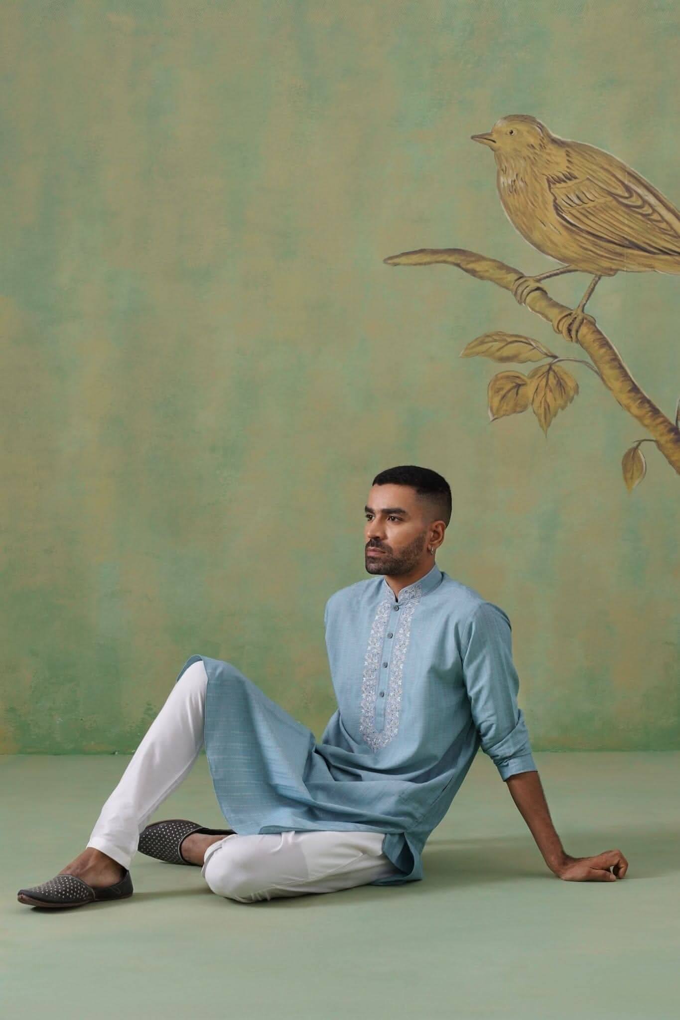 Powder Blue Hand-Embroidered Kurta Set
