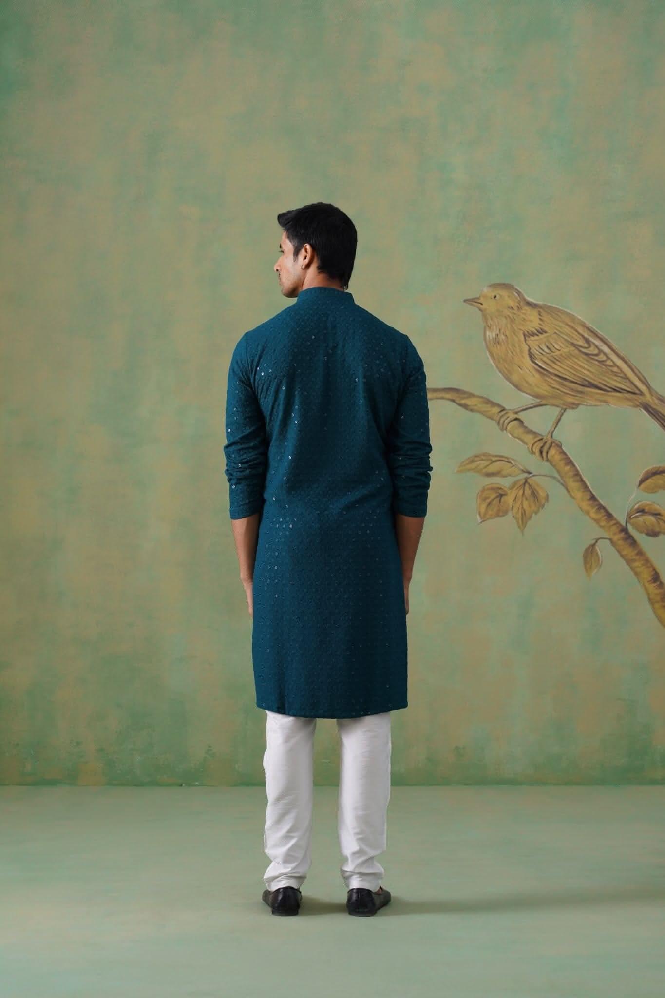 Teal Textured Sequin-Embellished Cotton Kurta Set