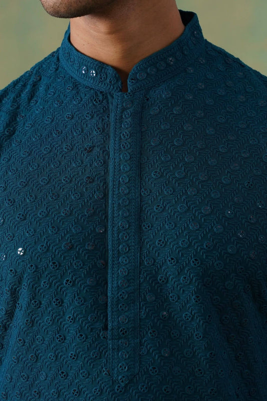 Teal Textured Sequin-Embellished Cotton Kurta Set