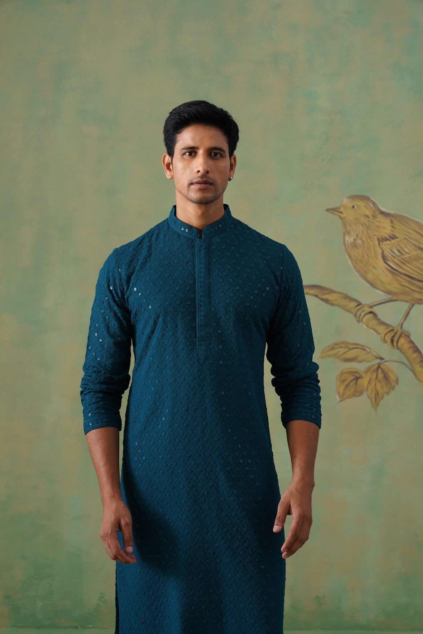 Teal Textured Sequin-Embellished Cotton Kurta Set