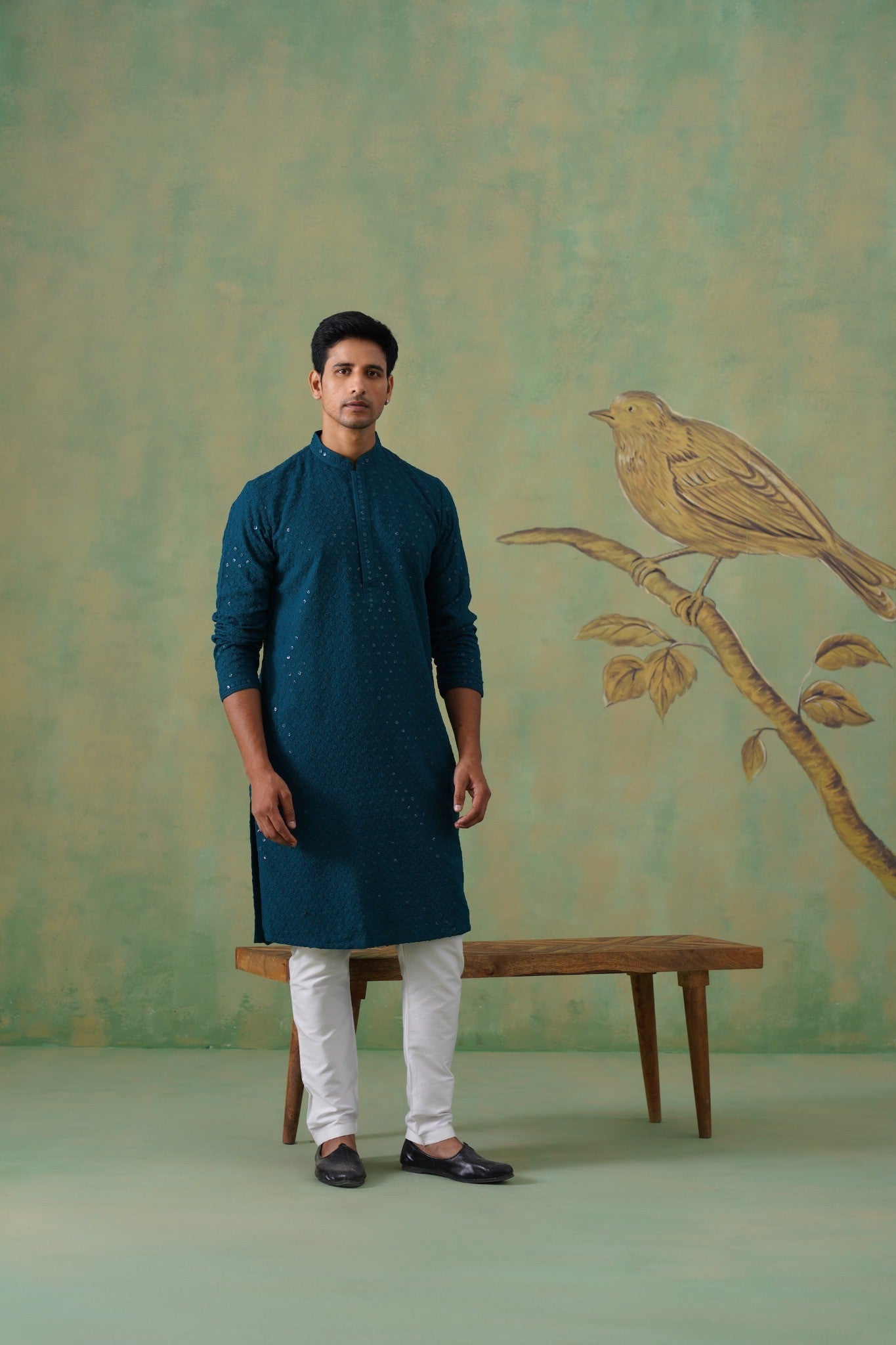Teal Textured Sequin-Embellished Cotton Kurta Set