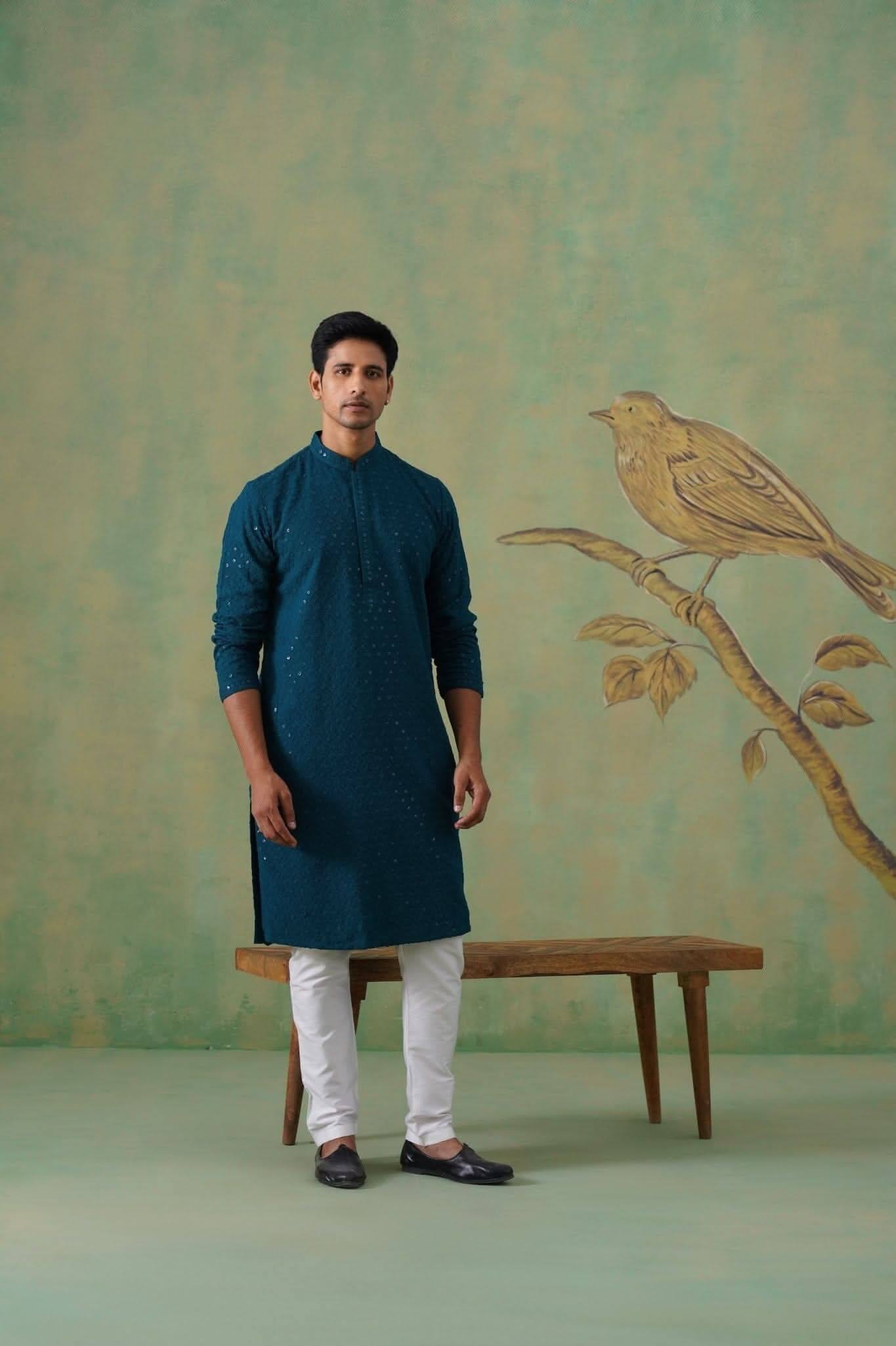 Teal Textured Sequin-Embellished Cotton Kurta Set