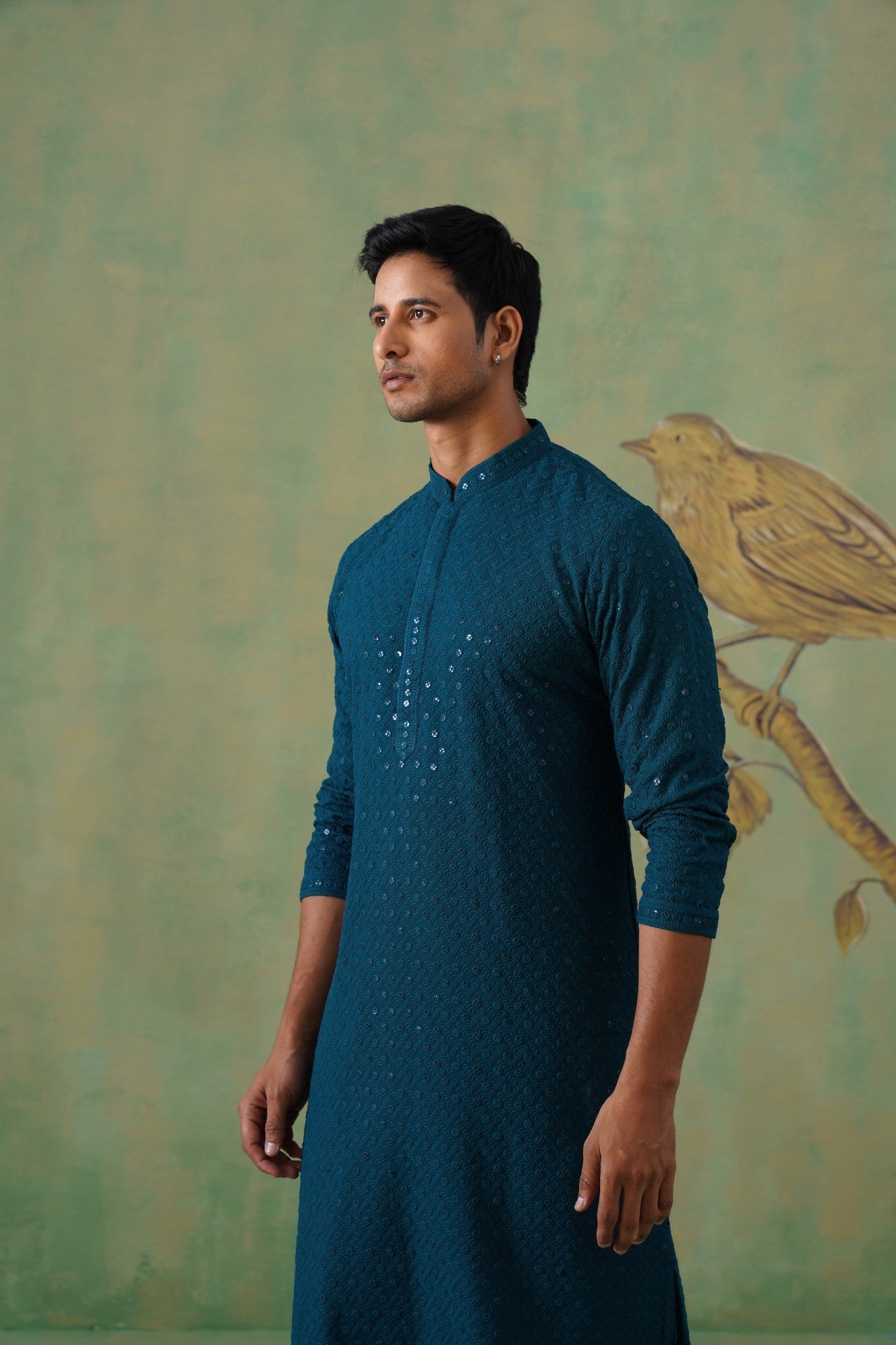 Teal Textured Sequin-Embellished Cotton Kurta Set