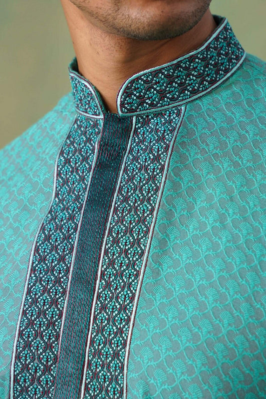 Turquoise Hand Embroidered Festive Kurta Set