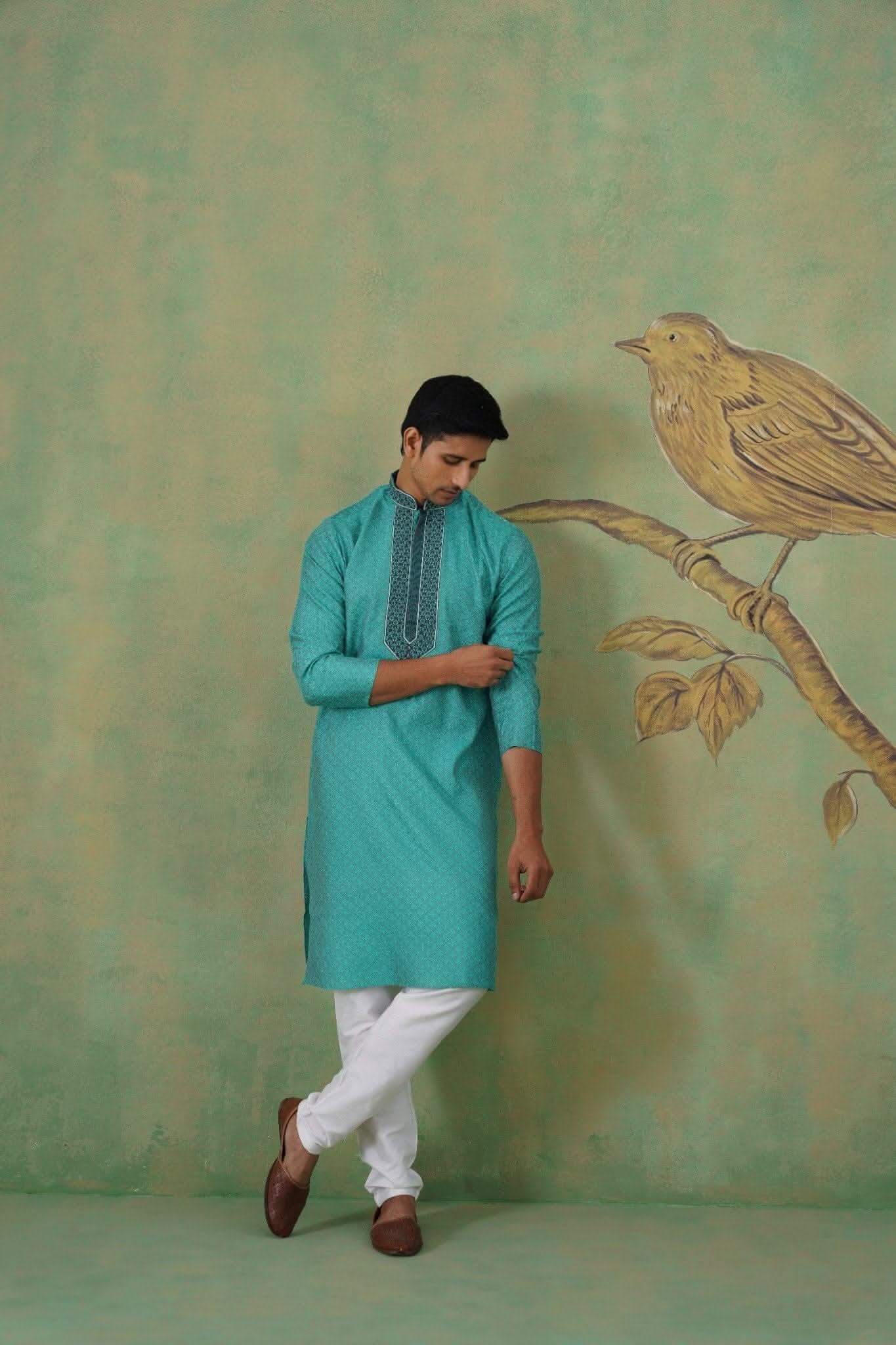 Turquoise Hand Embroidered Festive Kurta Set
