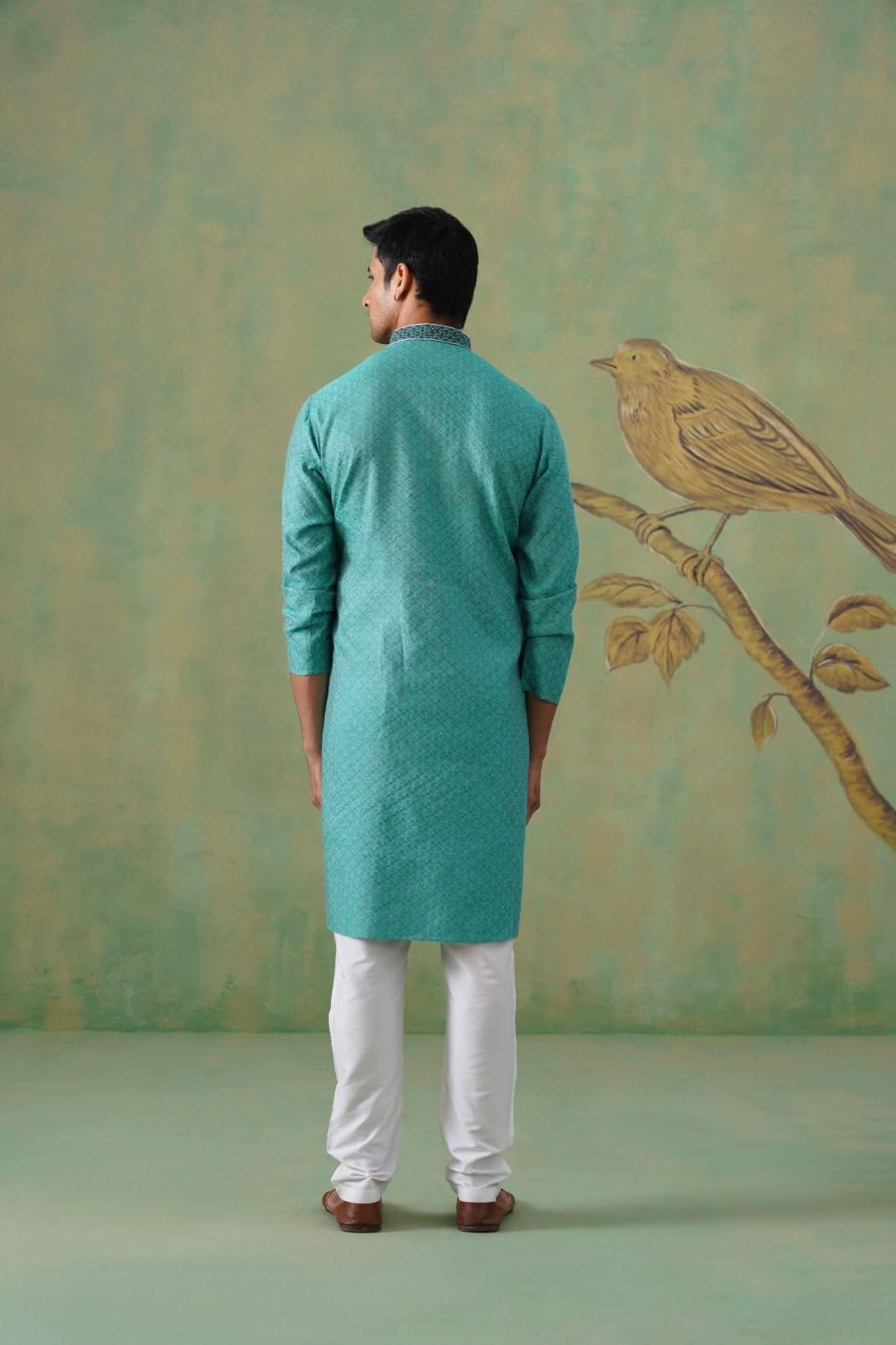 Turquoise Hand Embroidered Festive Kurta Set