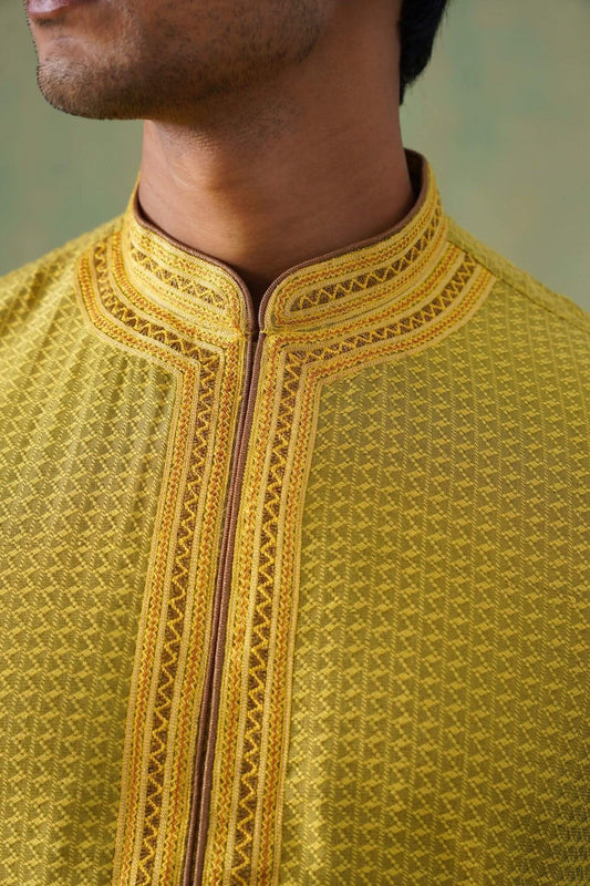 Yellow Jacquard Hand Embroidered Kurta Set
