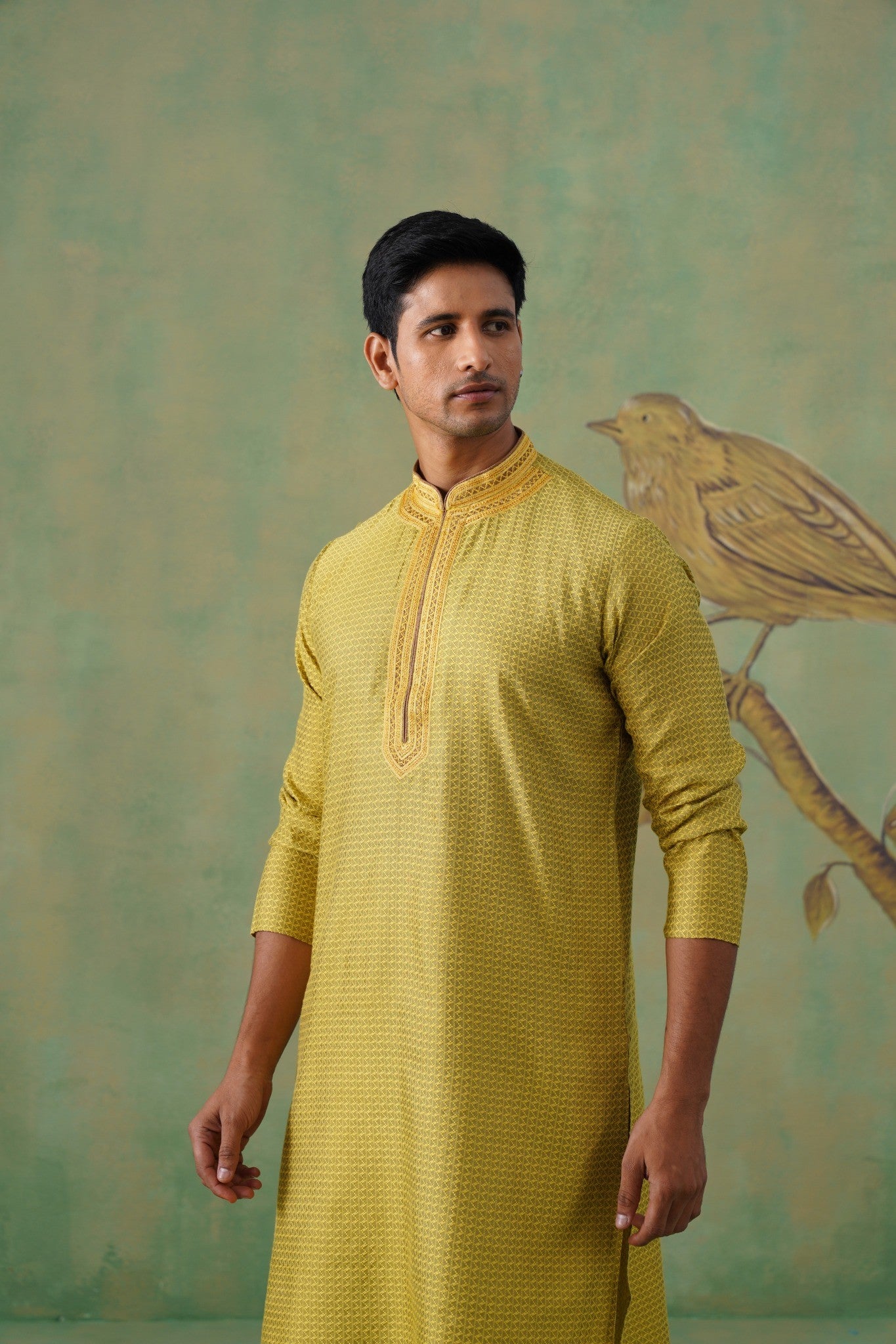 Yellow Jacquard Hand Embroidered Kurta Set