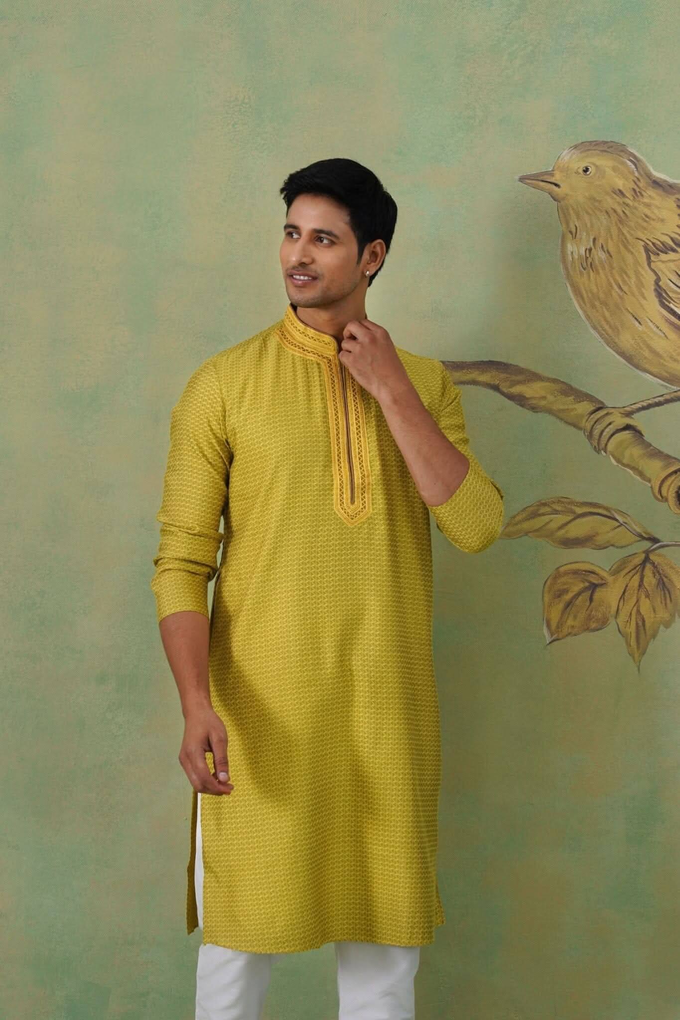 Yellow Jacquard Hand Embroidered Kurta Set