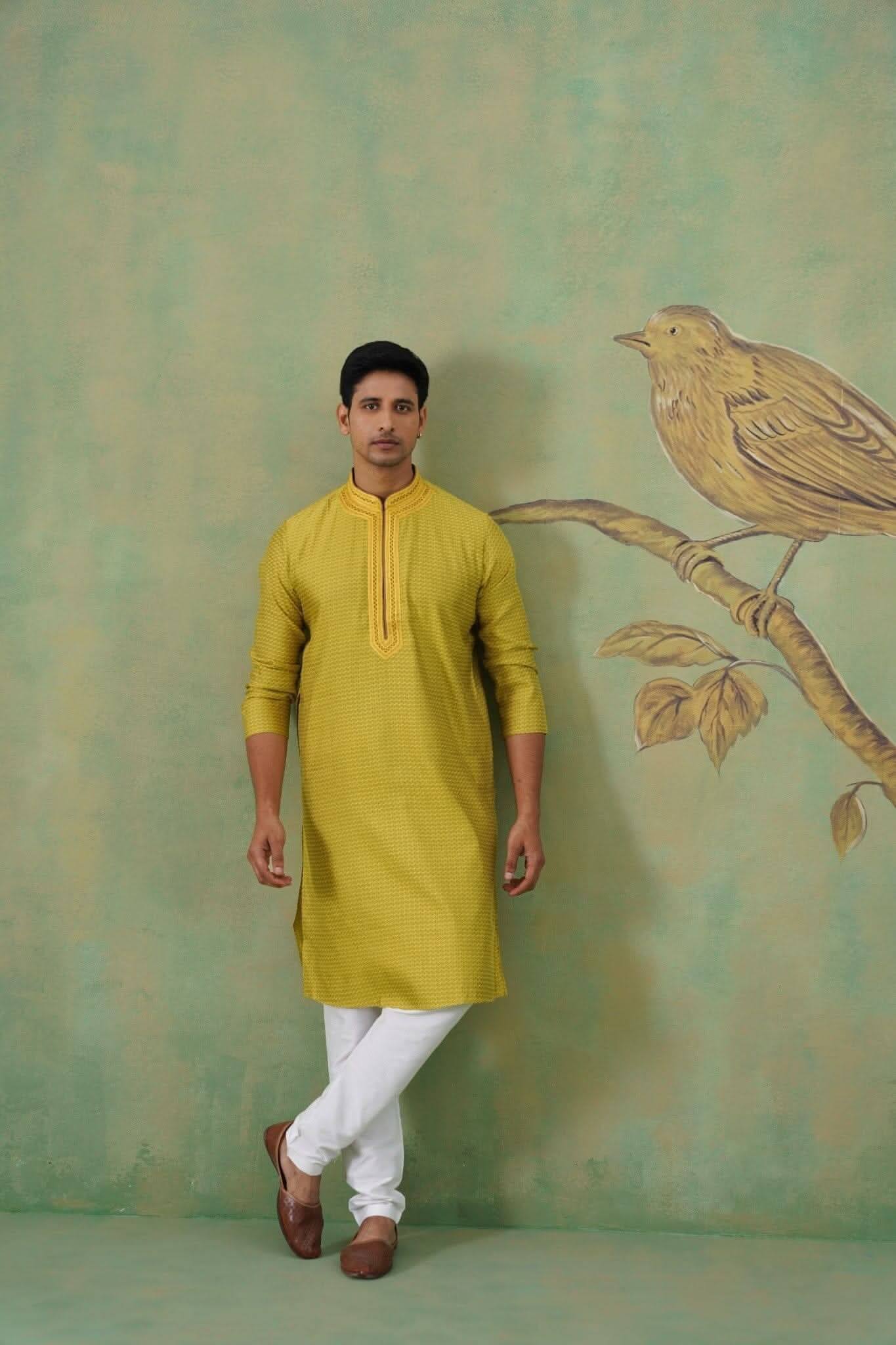 Yellow Jacquard Hand Embroidered Kurta Set