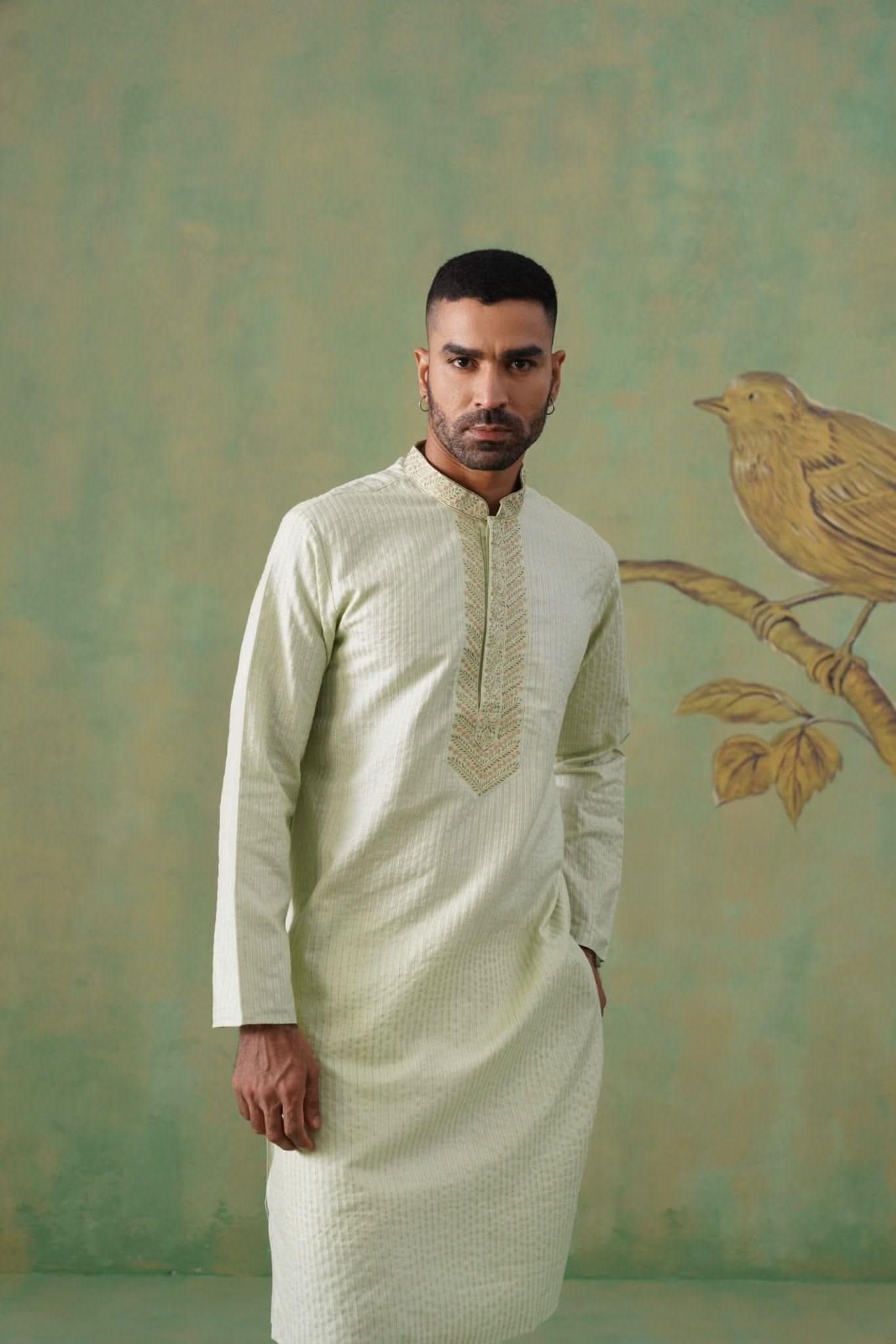 Pastel Pistachio Hand-Embroidered Cotton Blend Kurta Set