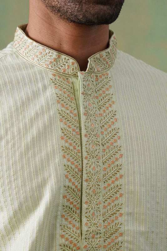 Pastel Pistachio Hand-Embroidered Cotton Blend Kurta Set