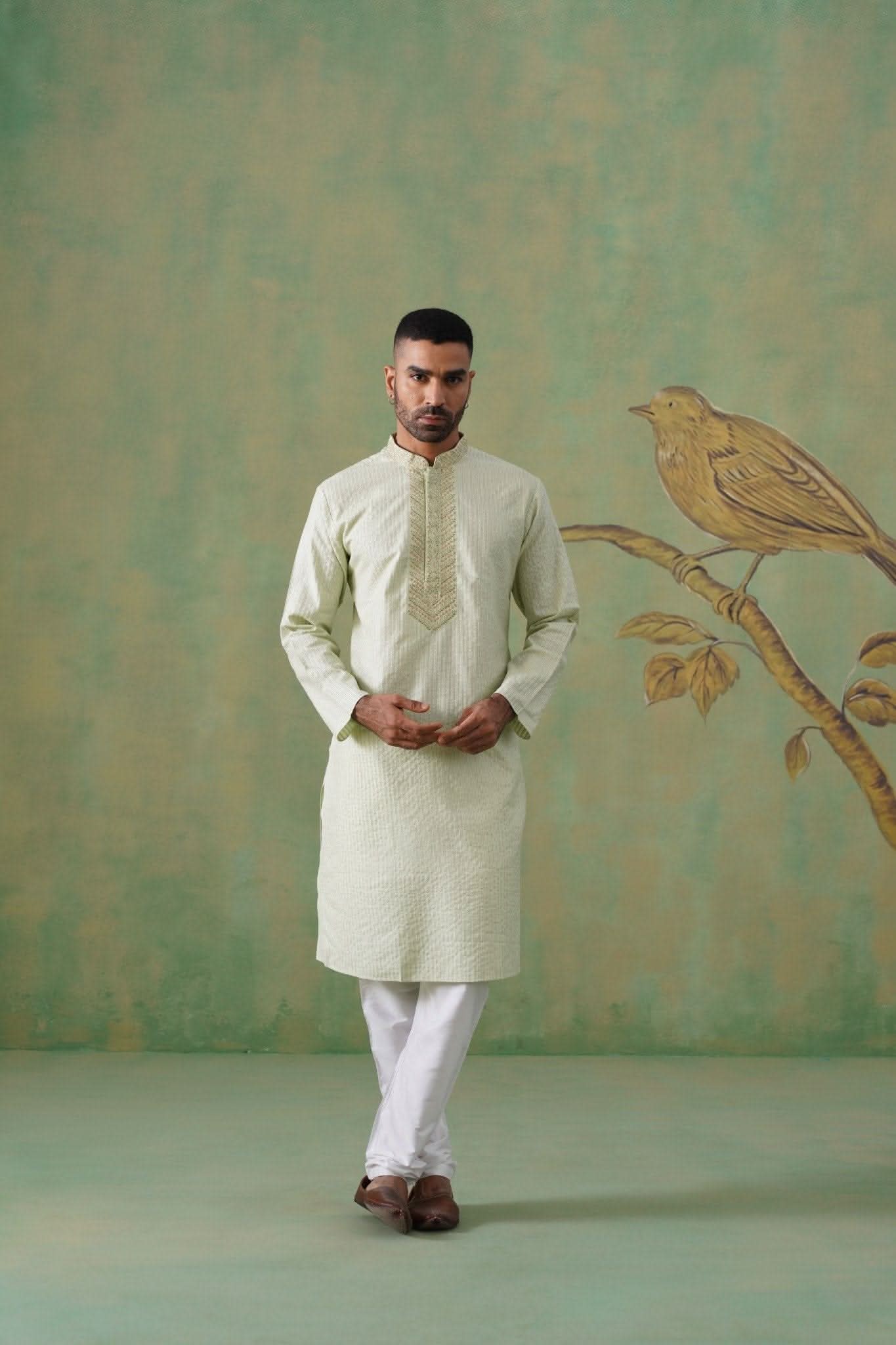 Pastel Pistachio Hand-Embroidered Cotton Blend Kurta Set