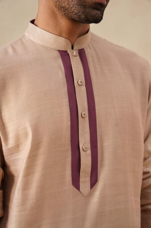 Light Beige Kurta with Plum Placket Detailing