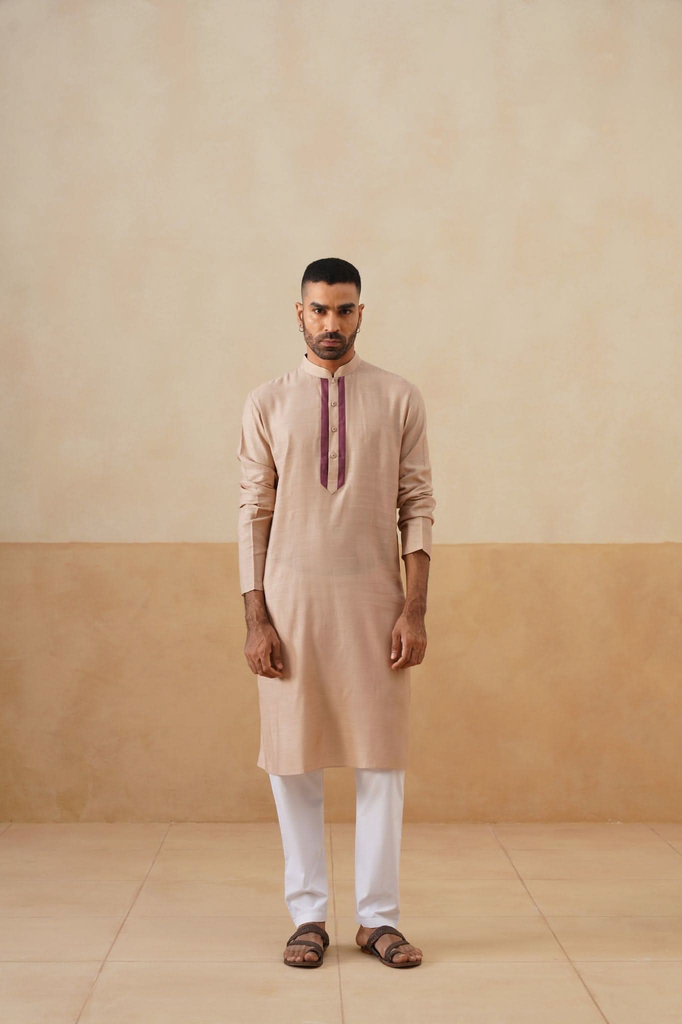 Light Beige Kurta with Plum Placket Detailing
