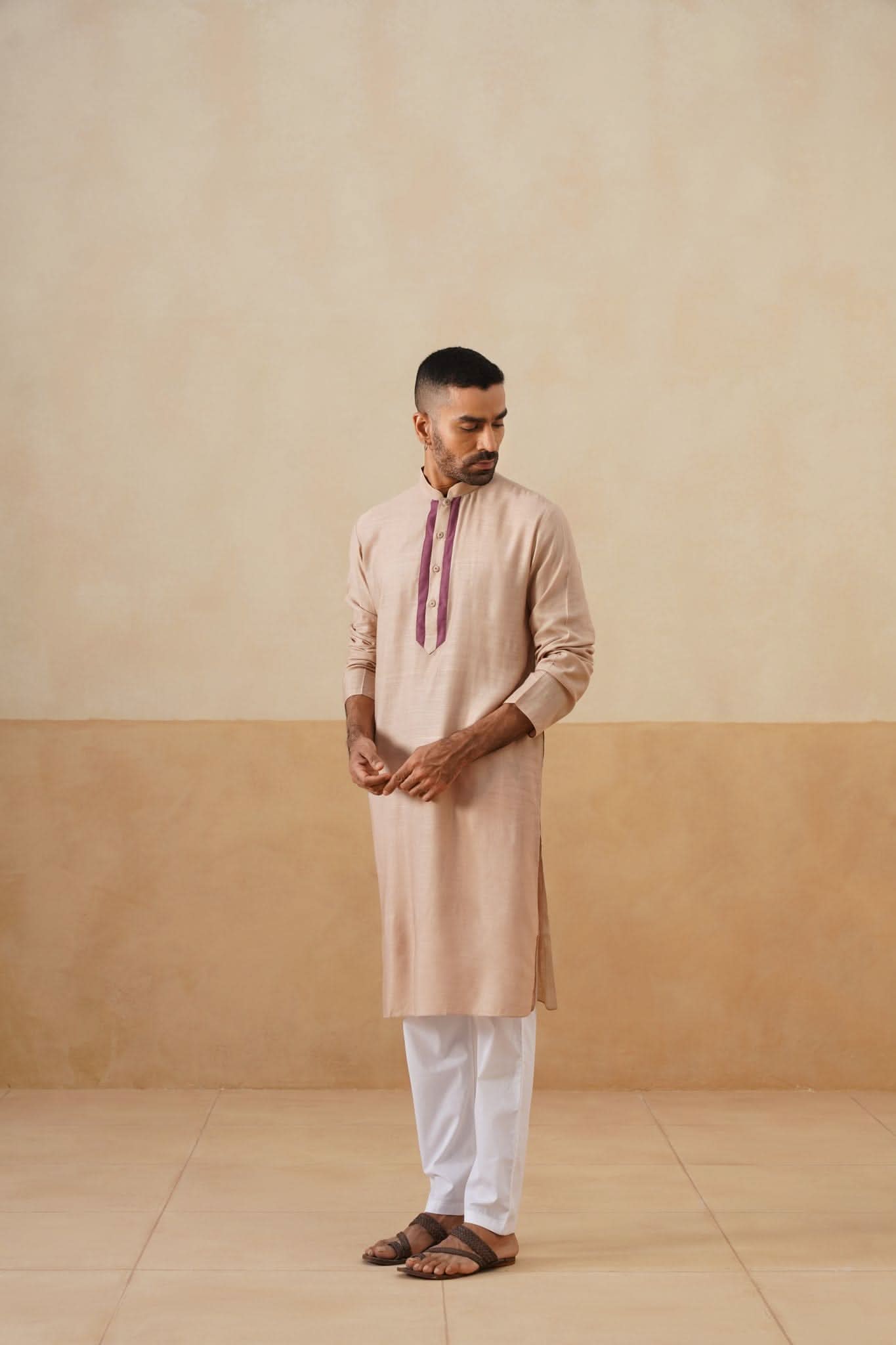 Light Beige Kurta with Plum Placket Detailing