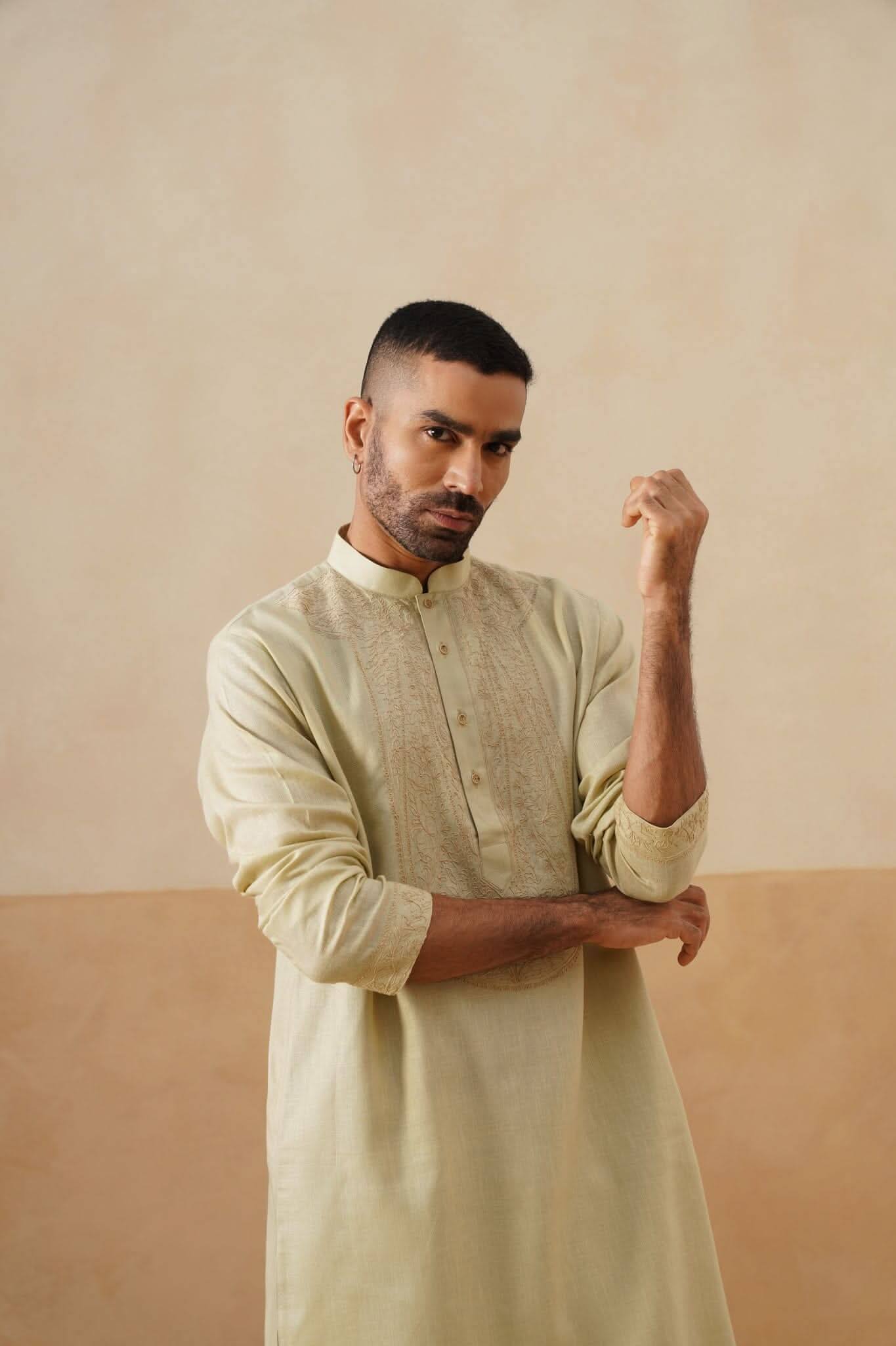 Light Gold Hand Embroidered Kurta Set