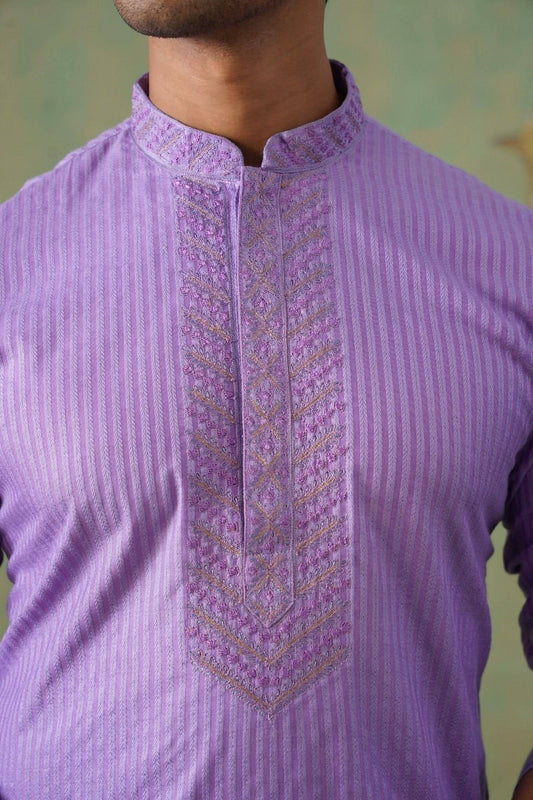 Lilac Striped Hand Embroidered Kurta Set