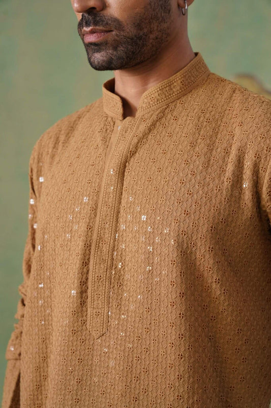 Brown Cotton Sequin Work Kurta Set
