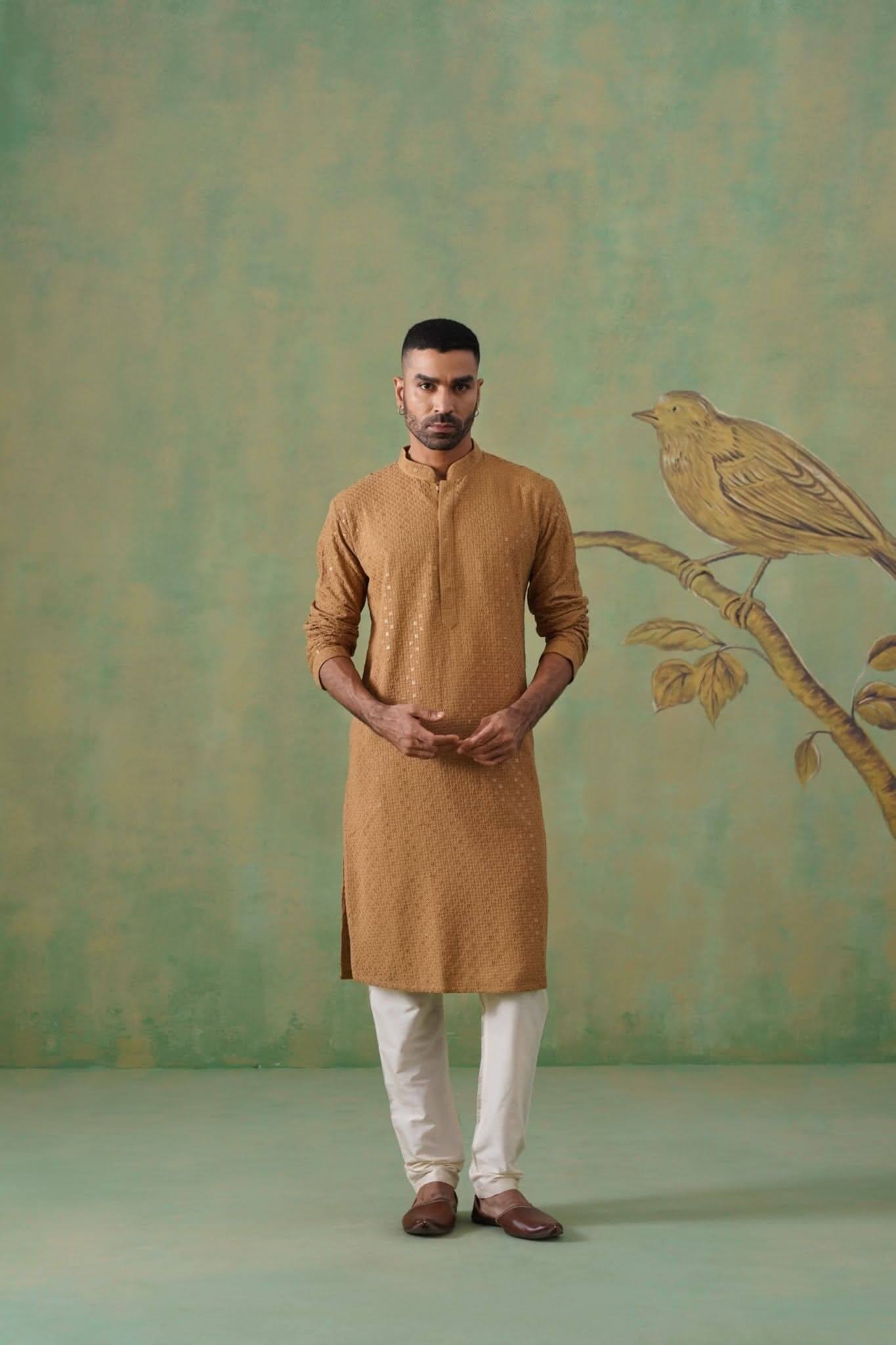 Brown Cotton Sequin Work Kurta Set