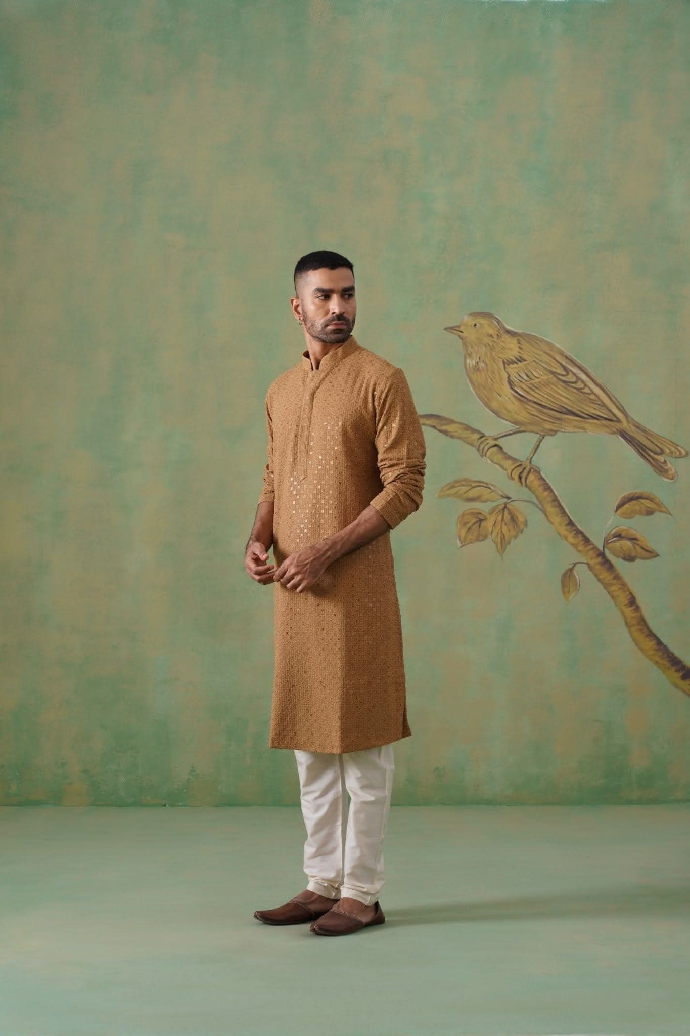 Brown Cotton Sequin Work Kurta Set