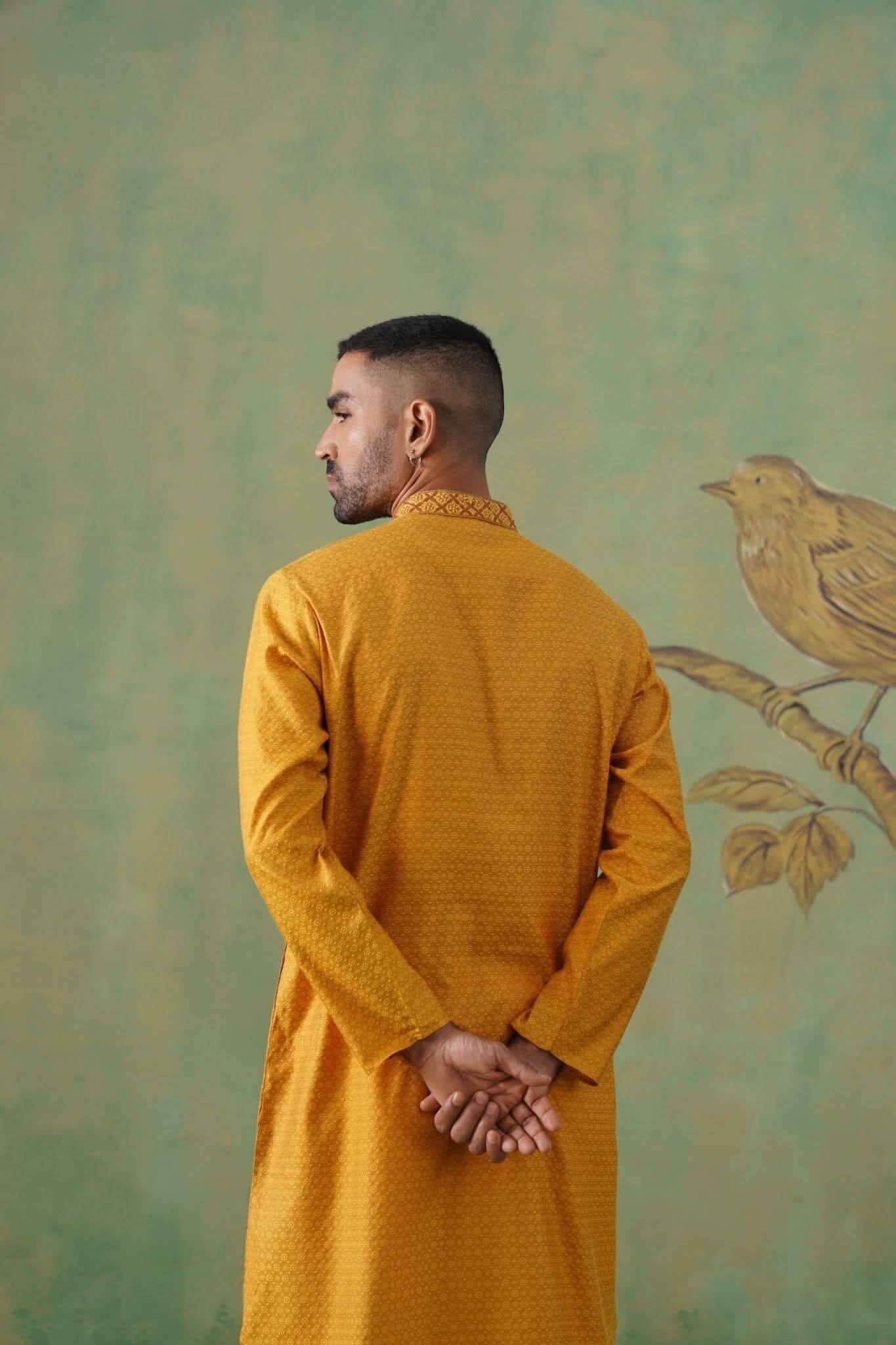 Mustard Jacquard Kurta Set with Embroidery