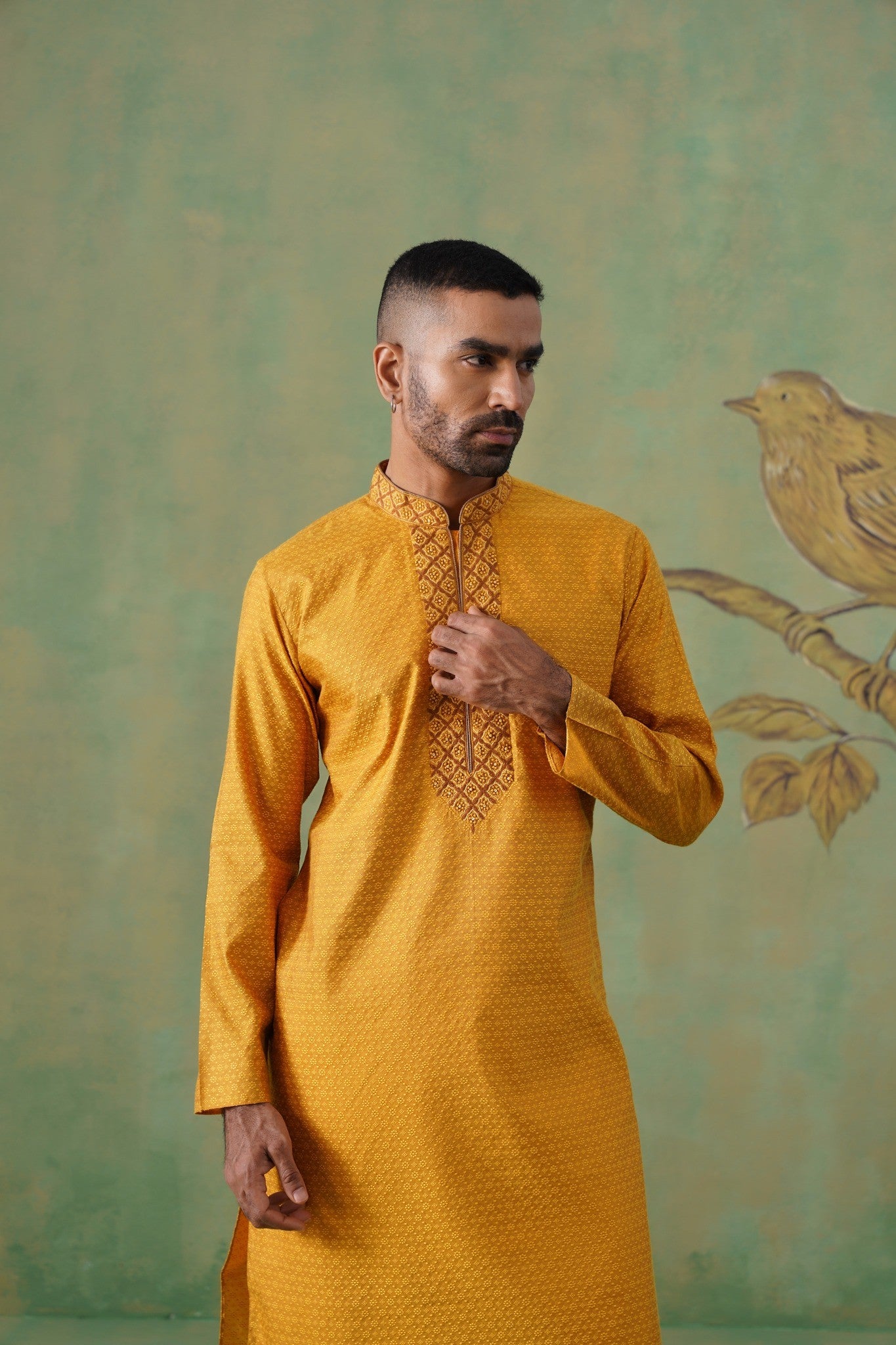 Mustard Jacquard Kurta Set with Embroidery