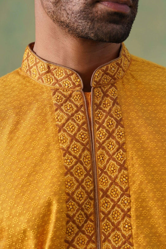 Mustard Jacquard Kurta Set with Embroidery