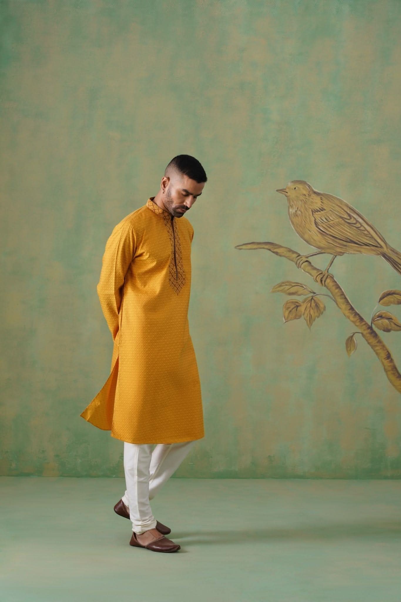Mustard Jacquard Kurta Set with Embroidery